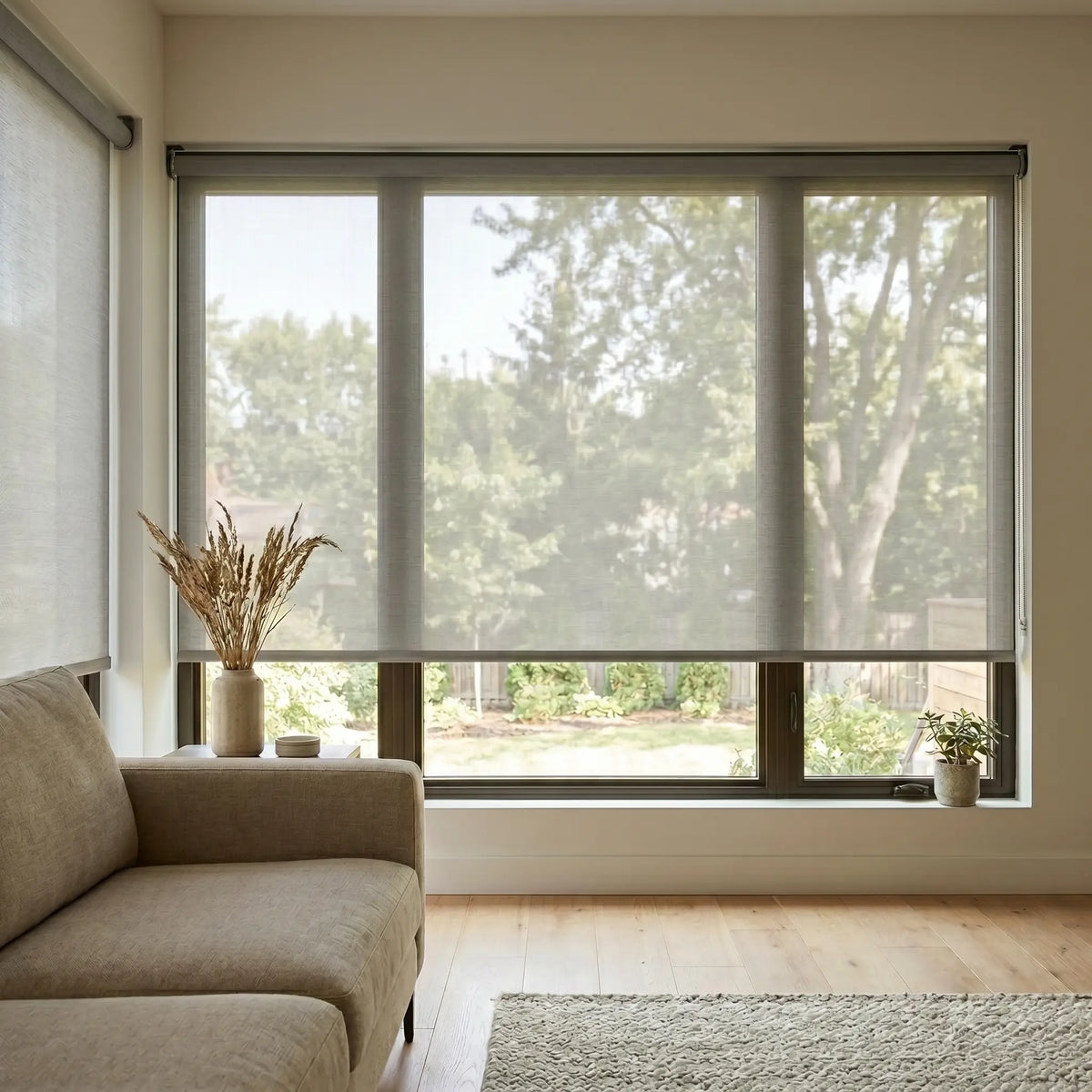 Enhance your Premier 10% Solar Screen Roller Shade experience with creamy white window treatments that filter UV rays and block out harsh sunlight.