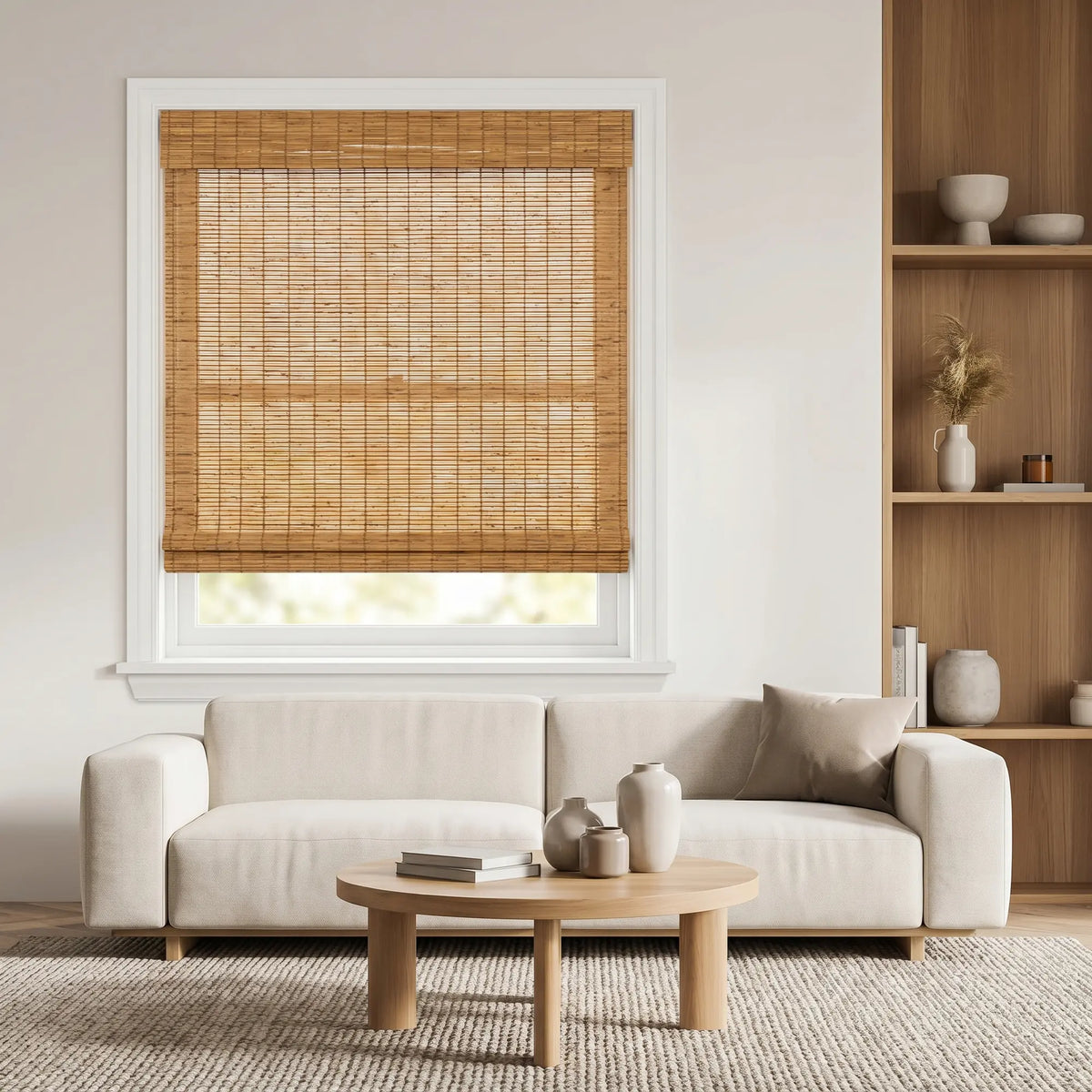 Transform your space with Cordless Woven Wood Shades, effortlessly filtering natural light through warm Honey Brown stripes, complementing white walls and beige furnishings in this inviting room.