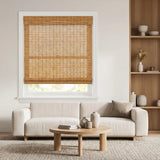 Transform your space with Cordless Woven Wood Shades, effortlessly filtering natural light through warm Honey Brown stripes, complementing white walls and beige furnishings in this inviting room.