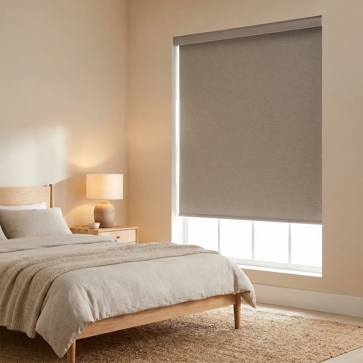Modern Fabric Blackout Roller Shades in Light Beige complement neutral tones while blocking out light for a peaceful ambiance.