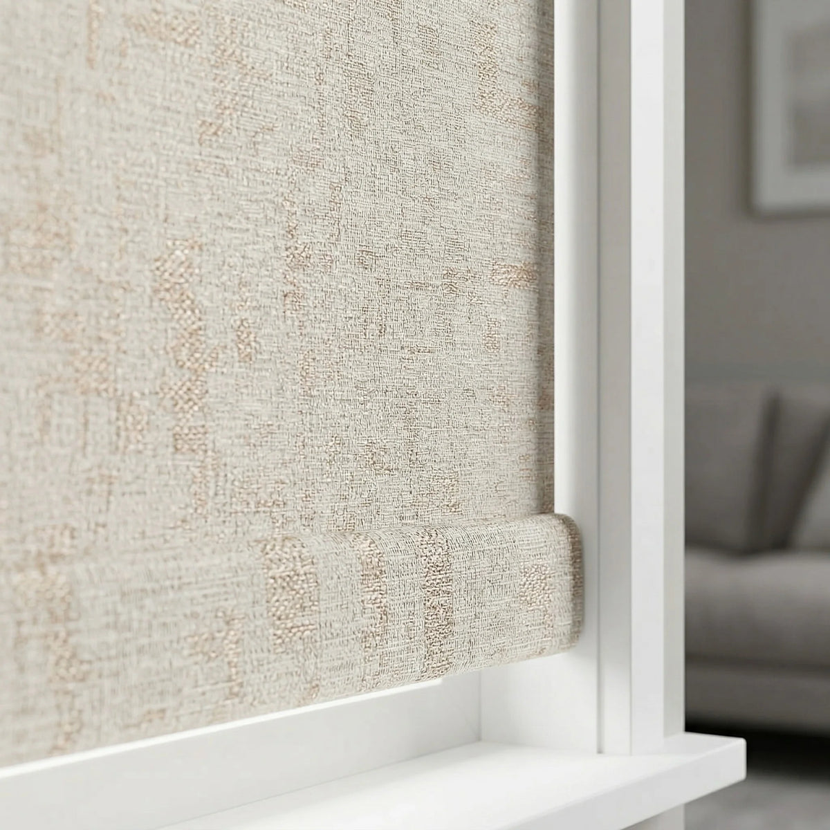 Extreme macro close-up of the light gray Jerusalem Silver fabric texture on a Luxe room darkening roller shade.