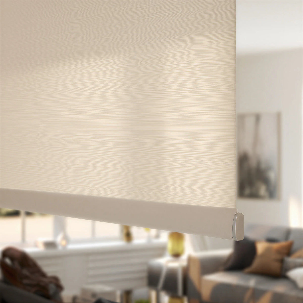 Extreme macro close-up of the light tan Flaxen fabric texture on a Luxe natural light filtering roller shade.