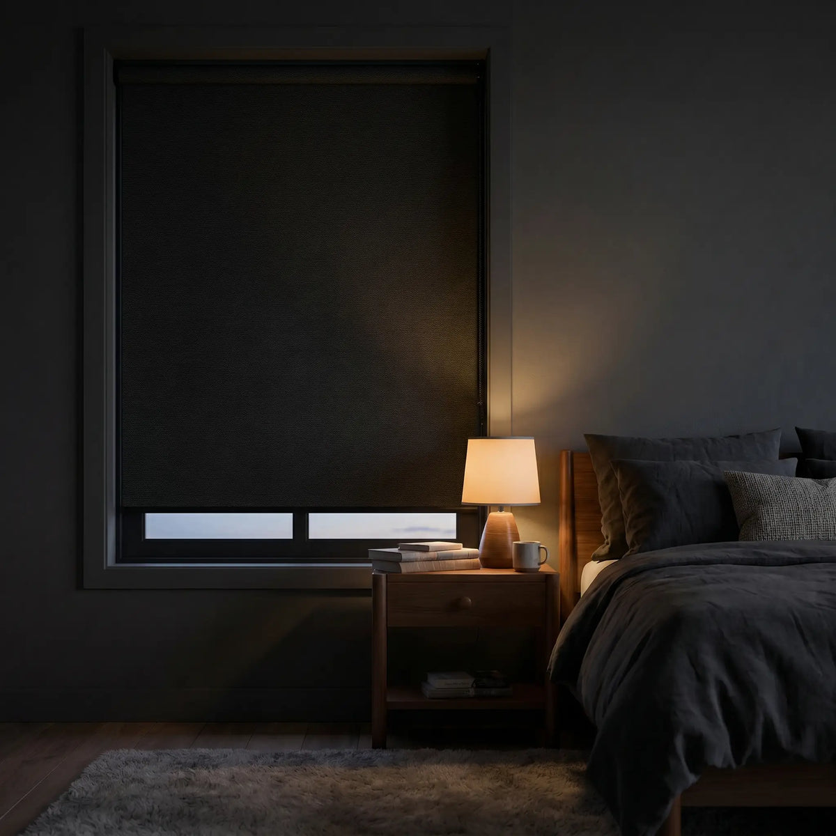 Marine Black Luxe fabric blackout roller shades in a dim bedroom setting with a warm bedside lamp, showcasing the high-quality light-blocking fabric