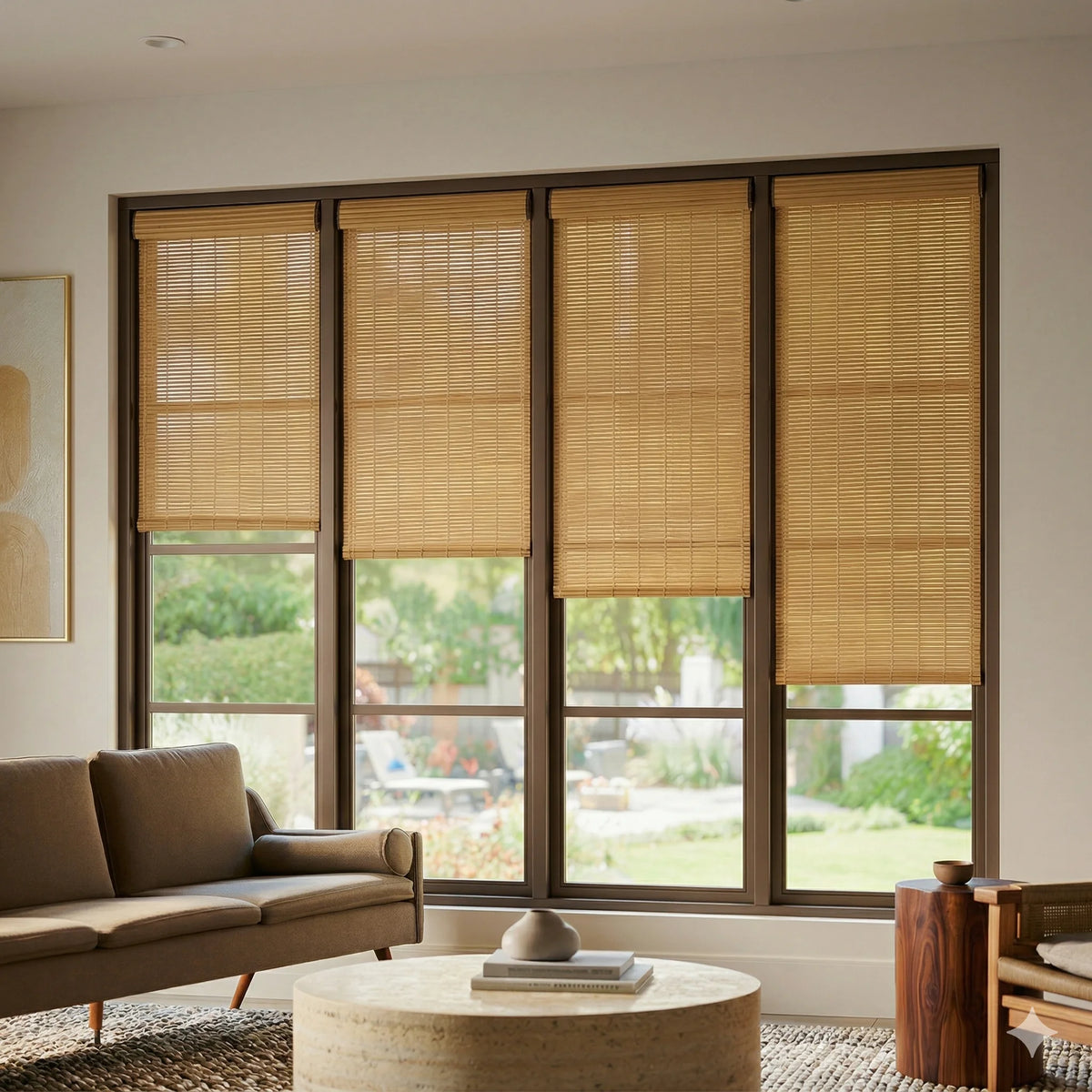 Contextual view of medium brown Maple Luxe woven wood-look light filtering roller shades in a living room with floor-to-ceiling windows.