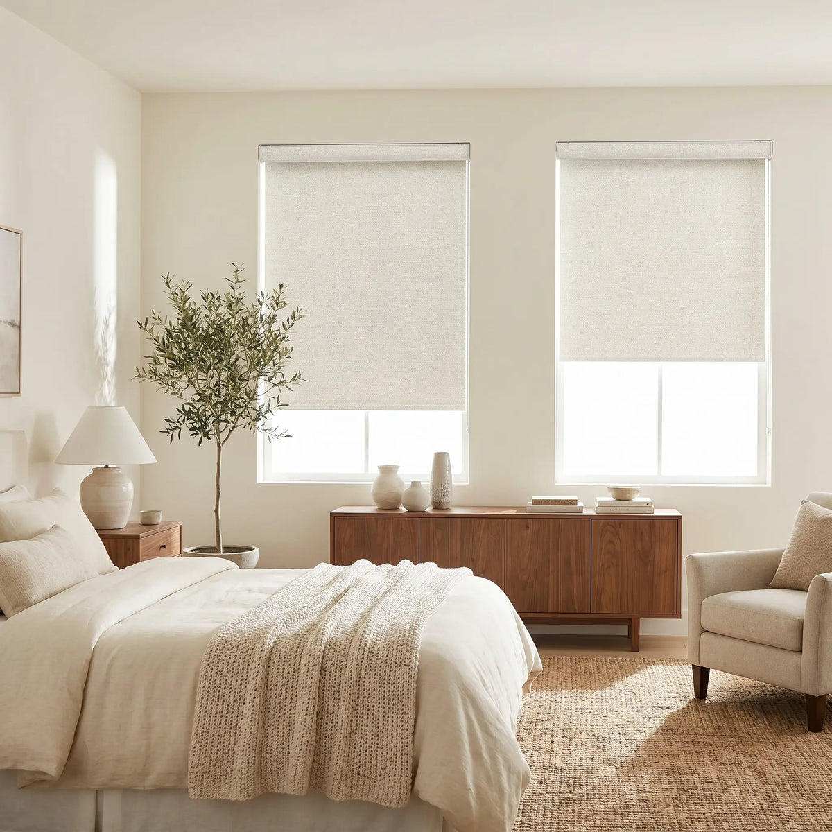 Two Milky White Luxe fabric blackout roller shades installed on a double window in a contemporary bedroom with warm textures and organic decor