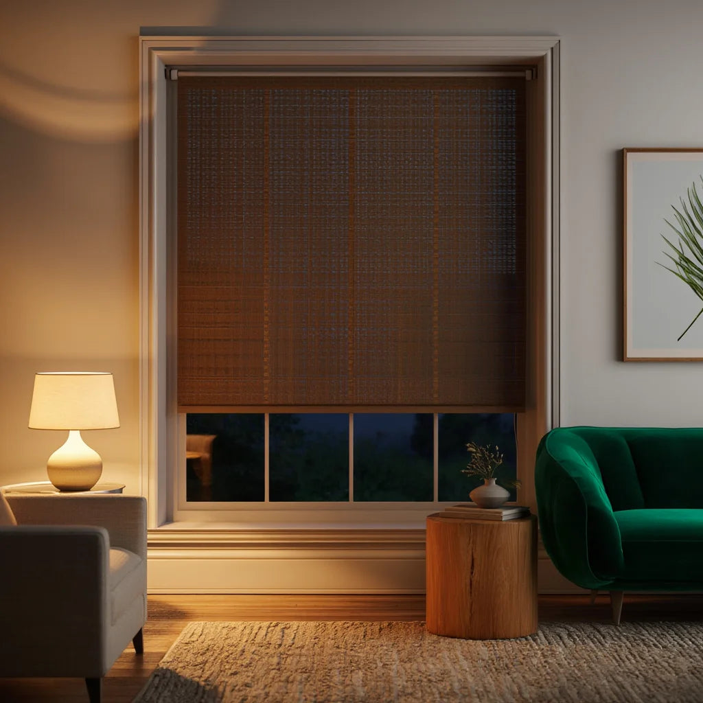 Nighttime view of Natural Luxe woven wood-look roller shades, showing the privacy coverage and texture under interior lighting.