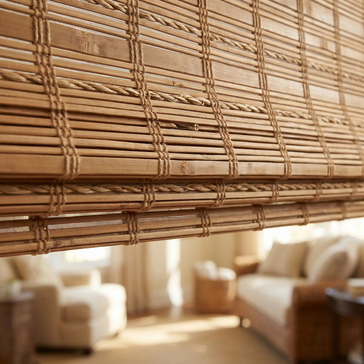 Warm up your space with Wicker Look Woven Cordless Shades, perfectly filtering sunlight through woven bamboo slats, adding organic charm to your room's decor
