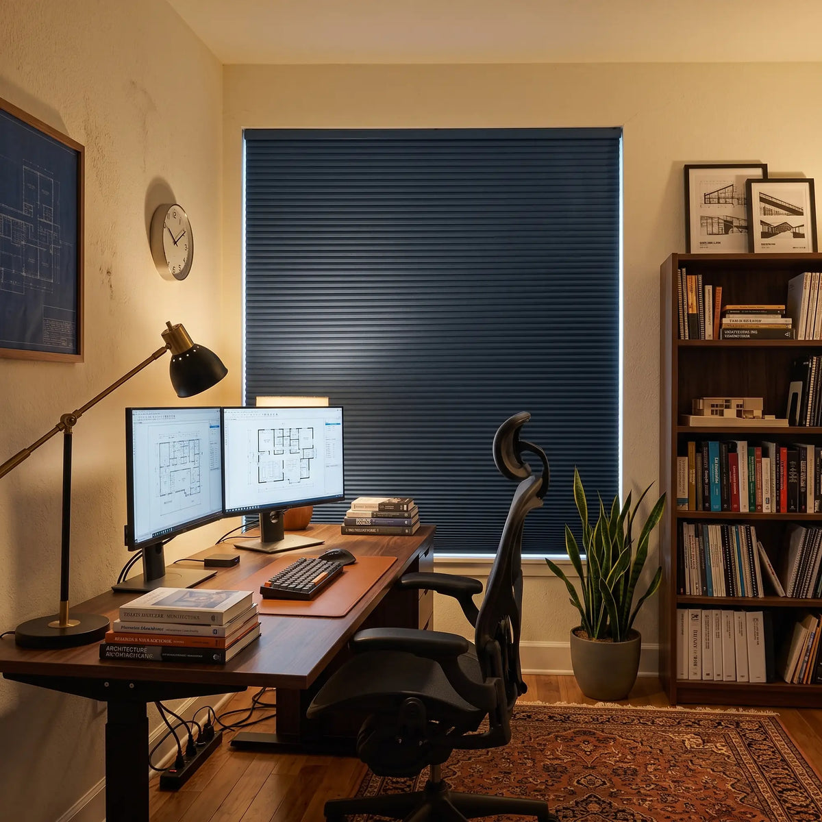 Navy Canadian Tuxedo Signature Blackout Double Cellular Shade on a home office window beside a bookshelf