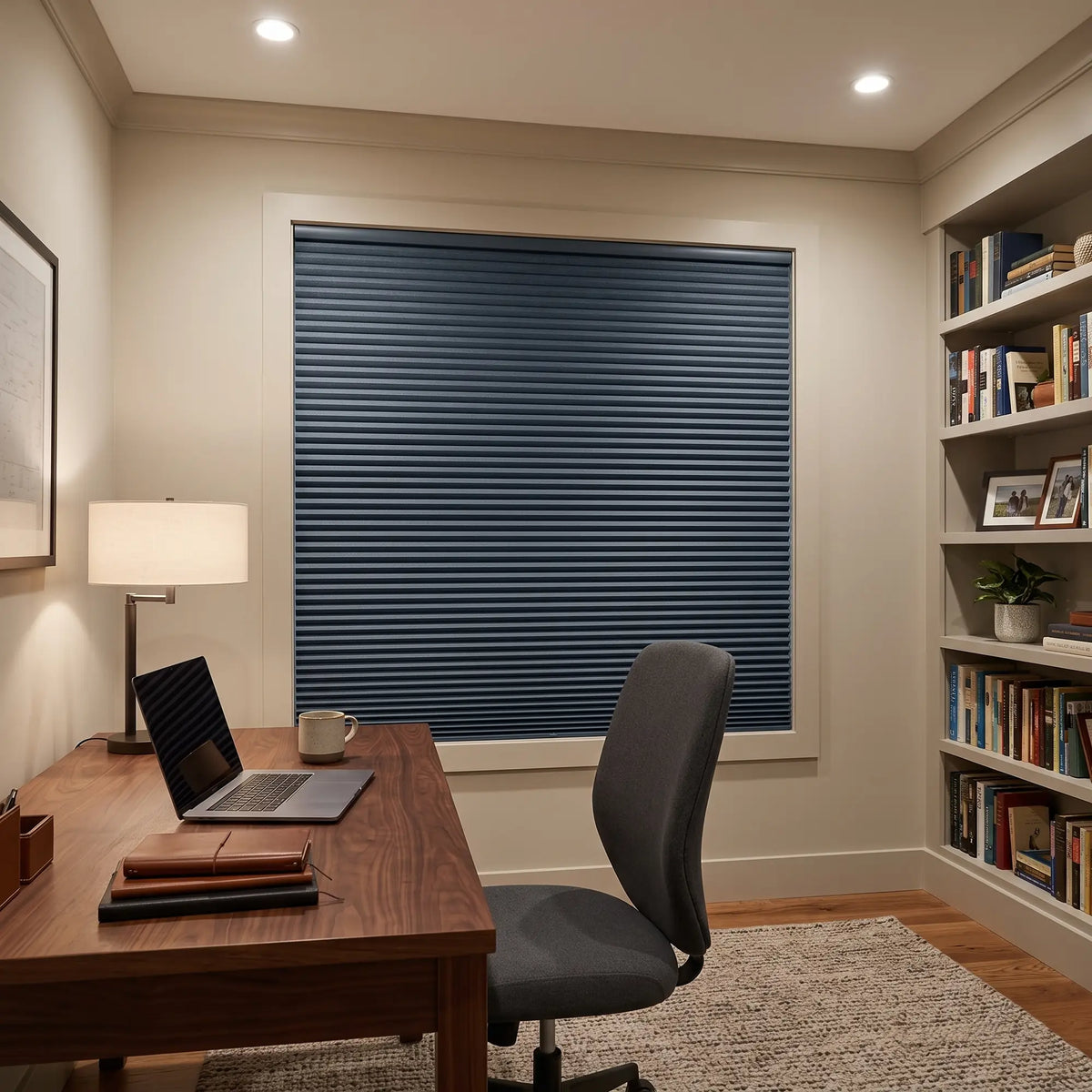 Navy Canadian Tuxedo Signature Blackout Single Cellular Shade on a home office window beside a bookshelf