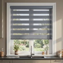 Load image into Gallery viewer, Zebra Room Darkening Roller Shades in Neutral Gray provide a sophisticated backdrop for kitchen design, while maintaining natural light and privacy.
