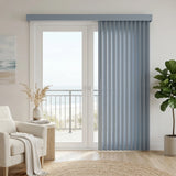Styling a modern patio with Ocean Blue Premier Pvc Vertical Blinds, allowing adjustable natural light through durable PVC vanes.