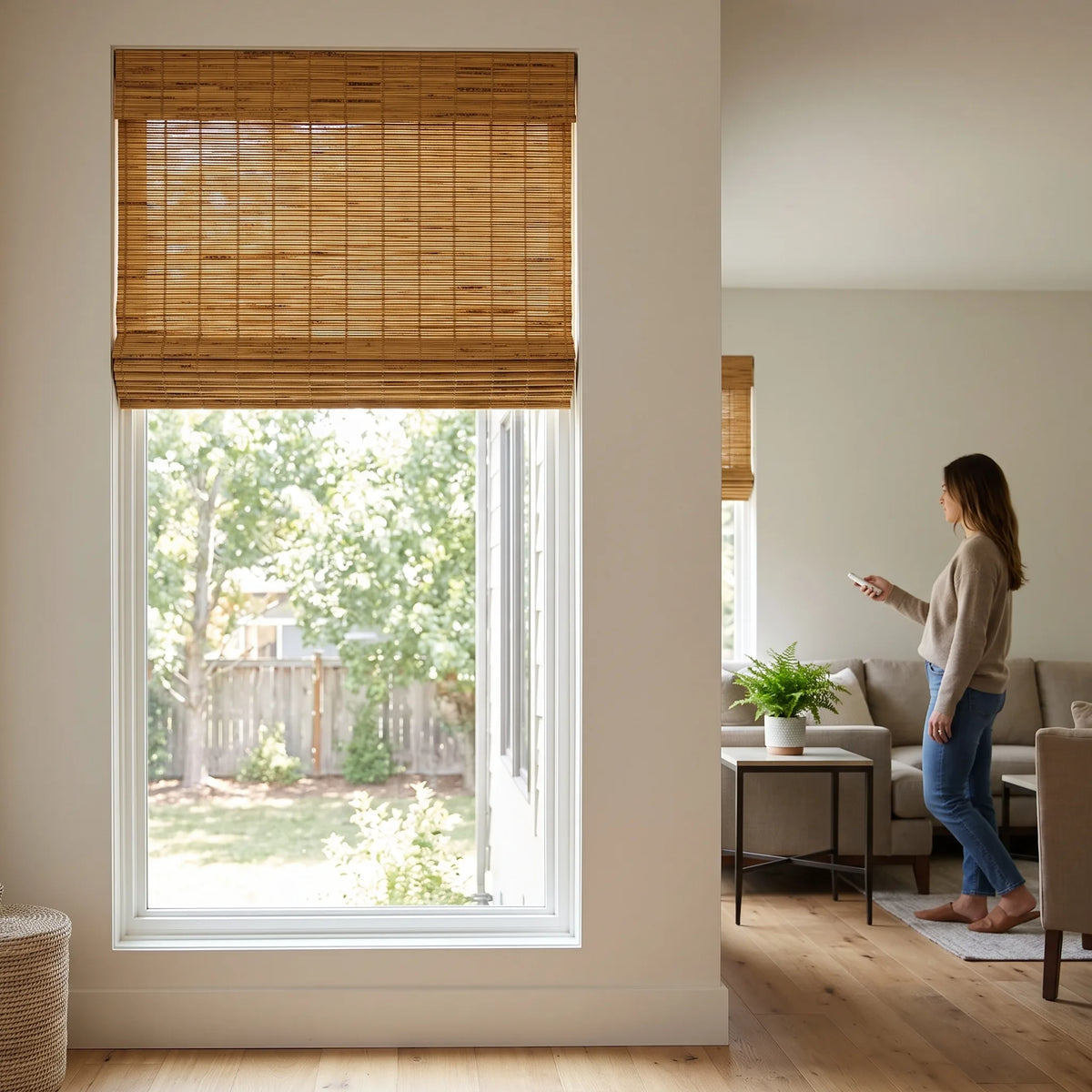 Papara Natural Motorized Woven Wood Shades half raised on a garden-facing window as a woman adjusts them with the remote.