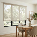 Premier 14% Solar Screen Roller Shade in a sun-drenched living room with a minimalist vibe, offering subtle UV protection and elegant transparency.