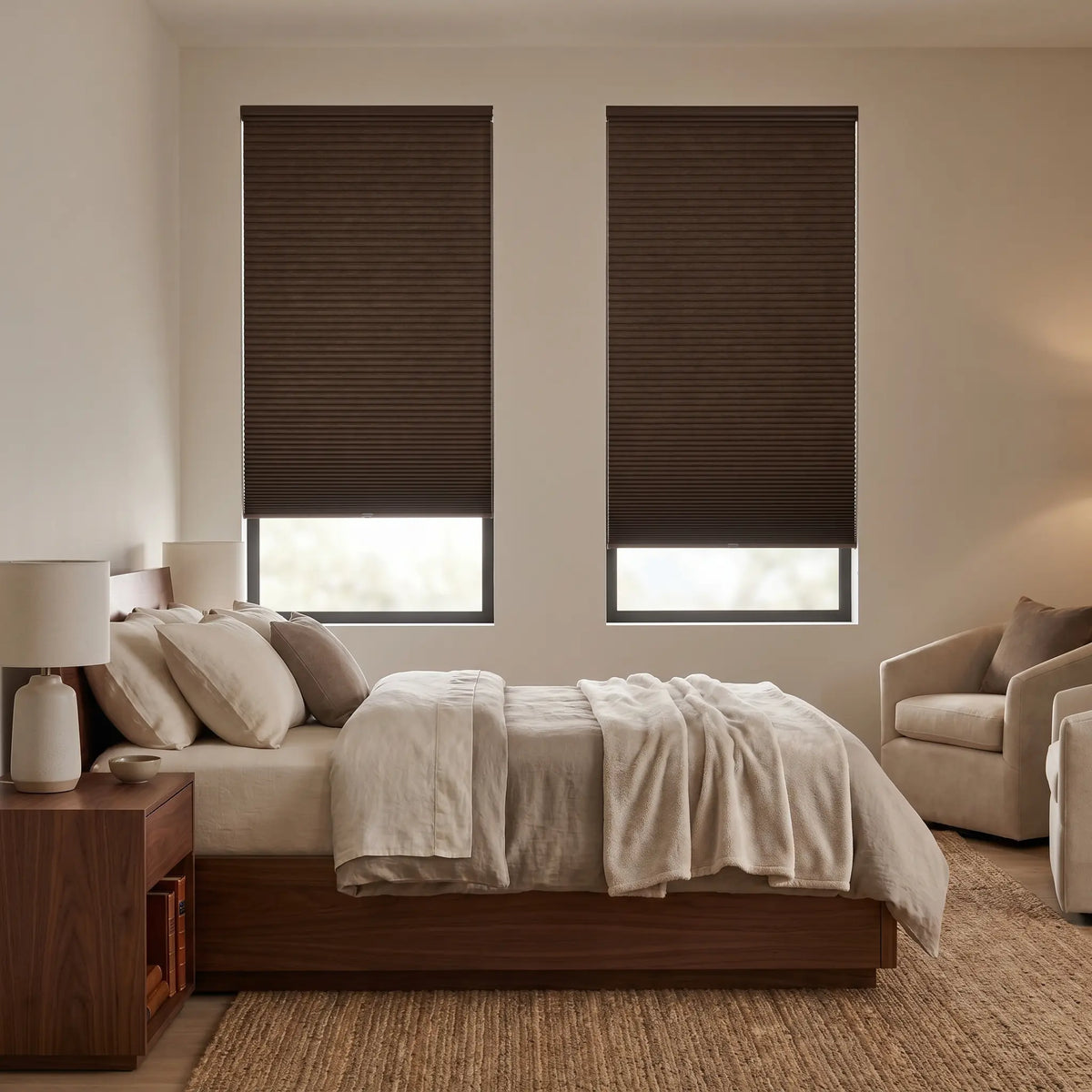 A cozy bedroom featuring Rich Black 1 2 Inch Budget Single Cell Blackout Cordless Shades, ensuring a perfectly dark and restful environment.