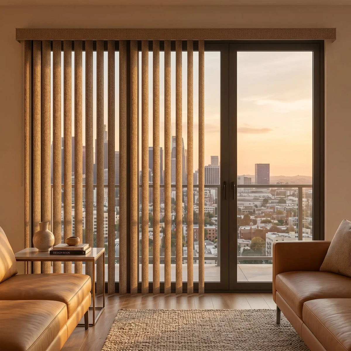 View of a modern living space with Rich Brown Signature Pvc Vertical Blinds, combining practical light filtering with a structured modern look.