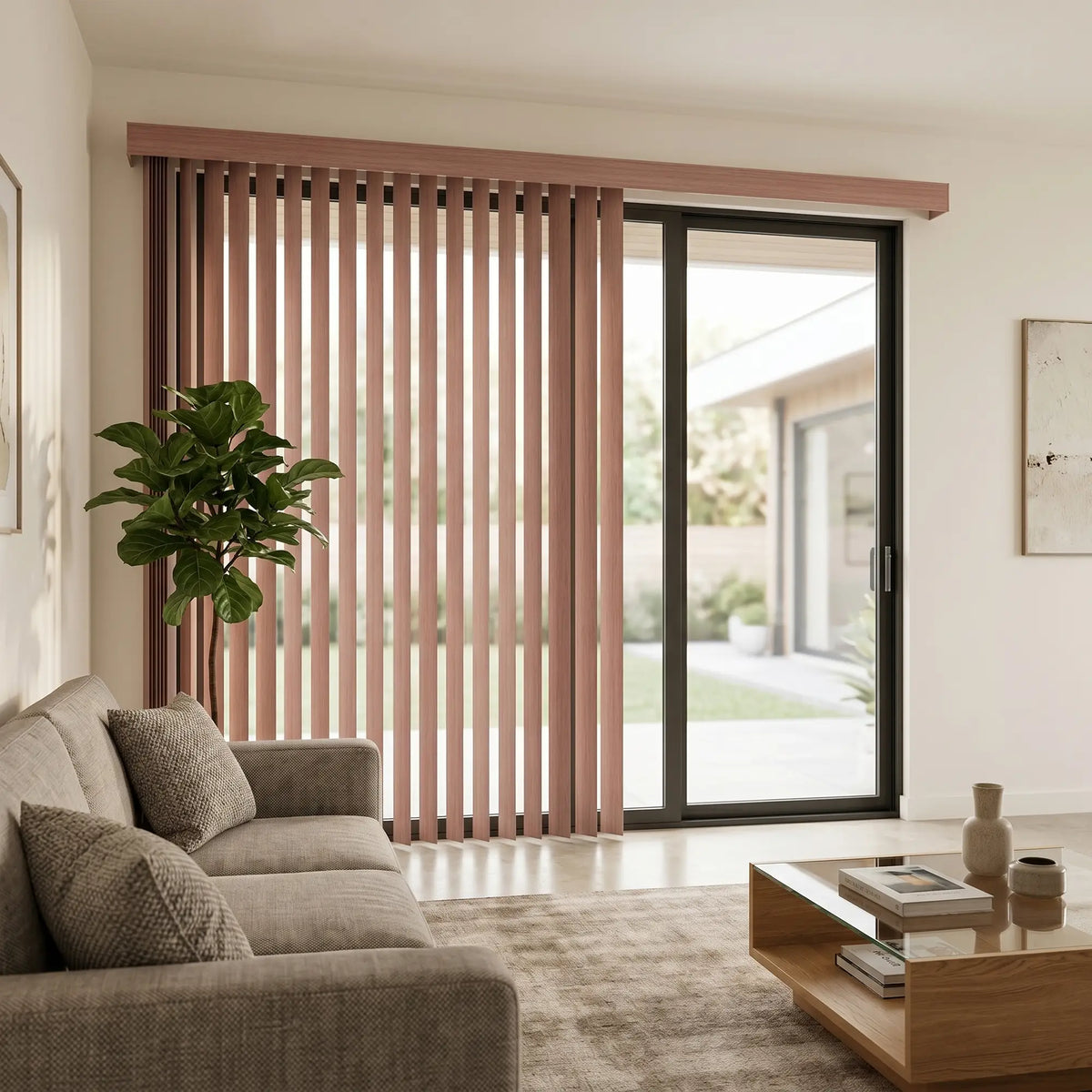 Woodtone Faux Wood PVC Vertical Blinds in Rosy add a touch of whimsy to this neutral-toned living room, where a gray couch and books on a coffee table create a inviting atmosphere.