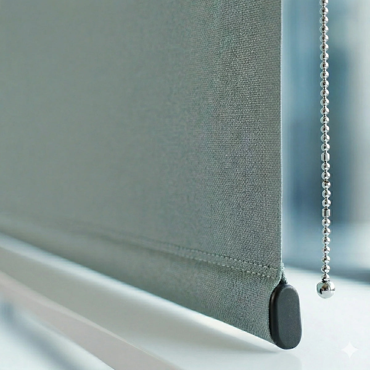 Detailed close-up of the hem bar and fabric texture of a Signature blackout roller shade in a sage green tone.