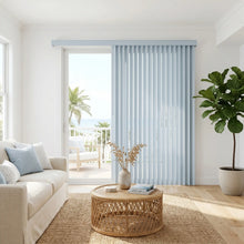 Load image into Gallery viewer, View of a serene living space with Sky Blue (Main Light Blue) Classic Curved Pvc Smooth Vertical Blinds, blocking out harsh glare while maintaining a clean aesthetic.
