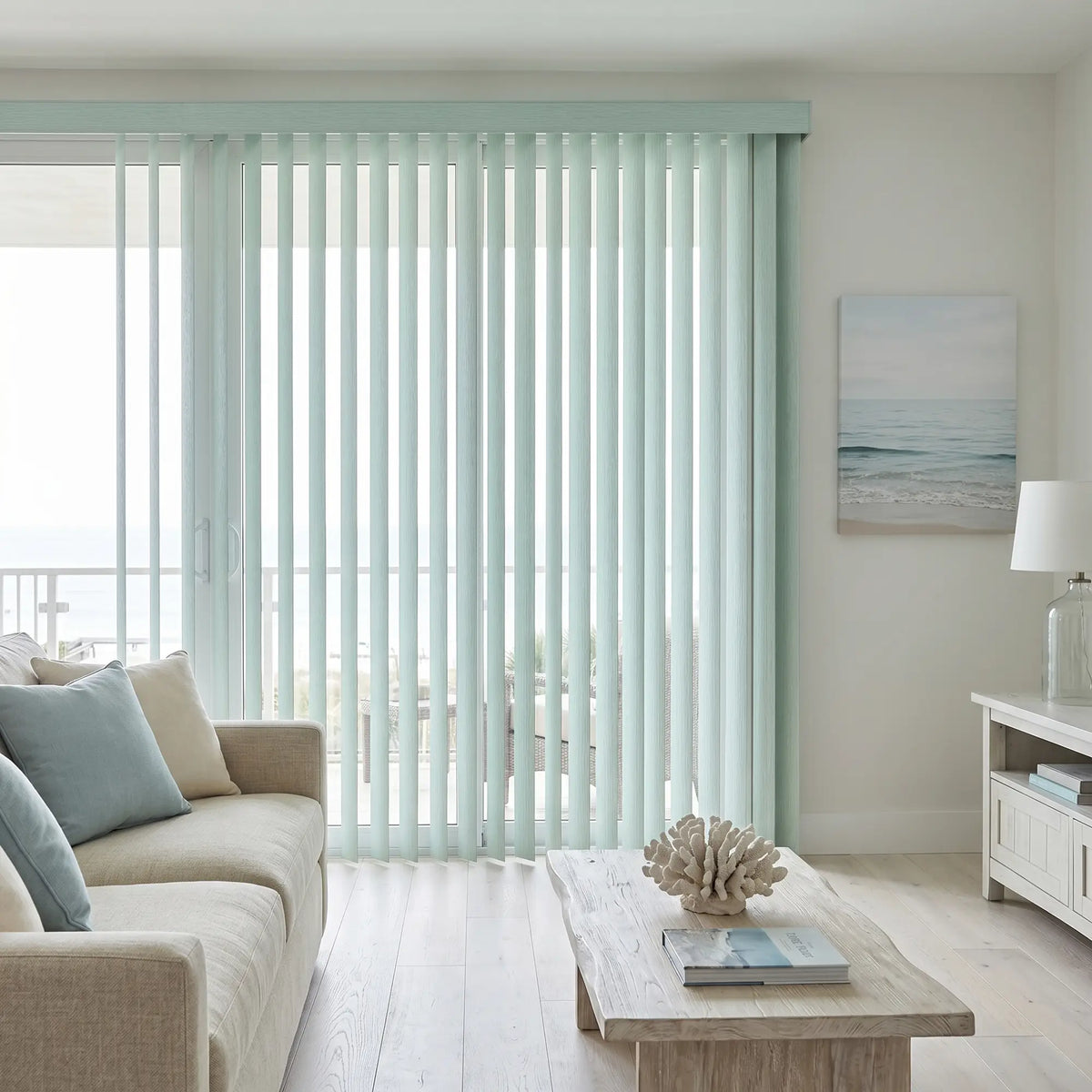 Interior view of a warm living space styled with Sky Blue Signature Pvc Vertical Blinds, perfect for covering sliding glass doors or large windows.