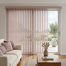 Load image into Gallery viewer, Soft Pink (Joann Hazelnut) Premier Pvc Vertical Blinds installed in a serene living space, blocking out harsh glare while maintaining a clean aesthetic.
