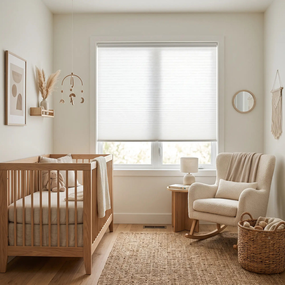Simplistic Cordless Pleated Shades in Soft White effortlessly complement the nursery's light beige color scheme, allowing gentle sunlight to filter through, while cribs and chairs create a warm haven.