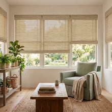 Load image into Gallery viewer, Chickpea Natural Bamboo Shades in light tan on sunroom windows
