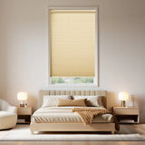 Beautiful Tan (Ivory) 1 2 Inch Budget Single Cell Blackout Cordless Top Downbottom Up Shades providing a stylish touch to this modern bedroom, delivering superior light exclusion and adaptable window coverage.