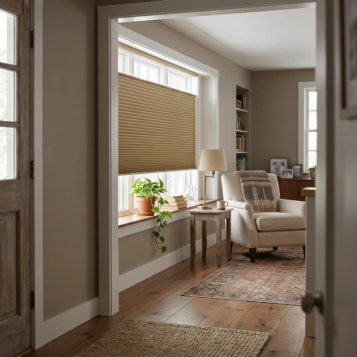 Tan Signature Blackout Double Cellular Shade viewed through a hallway into a living room