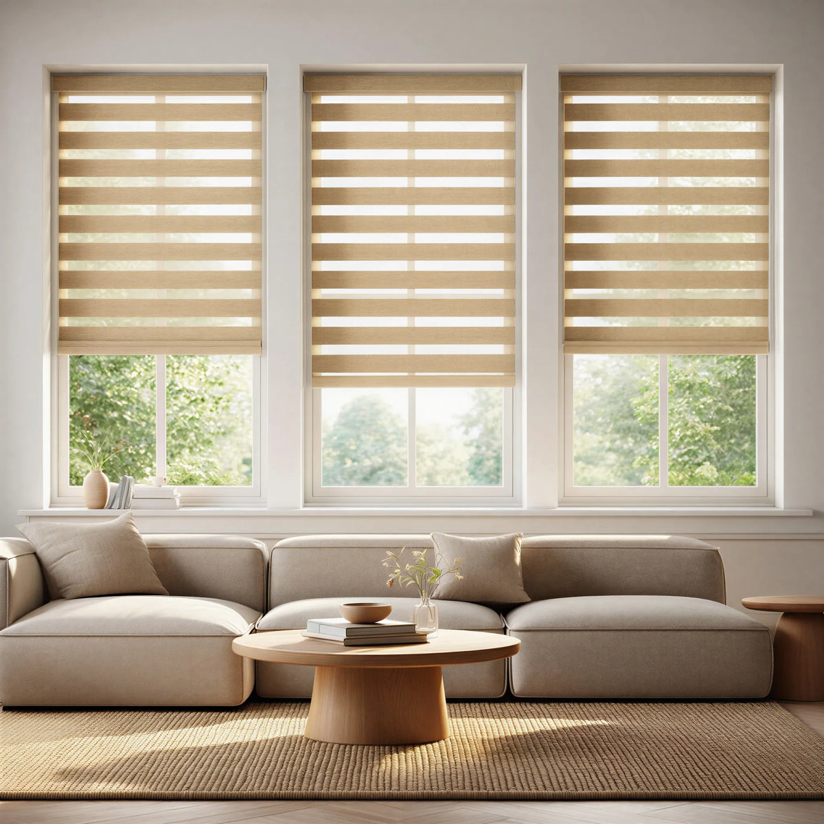 Enhance your modern living space with Zebra Room Darkening Roller Shades in tan, offering light-blocking functionality and sleek design.