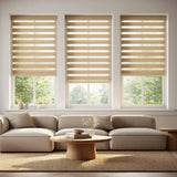 Enhance your modern living space with Zebra Room Darkening Roller Shades in tan, offering light-blocking functionality and sleek design.