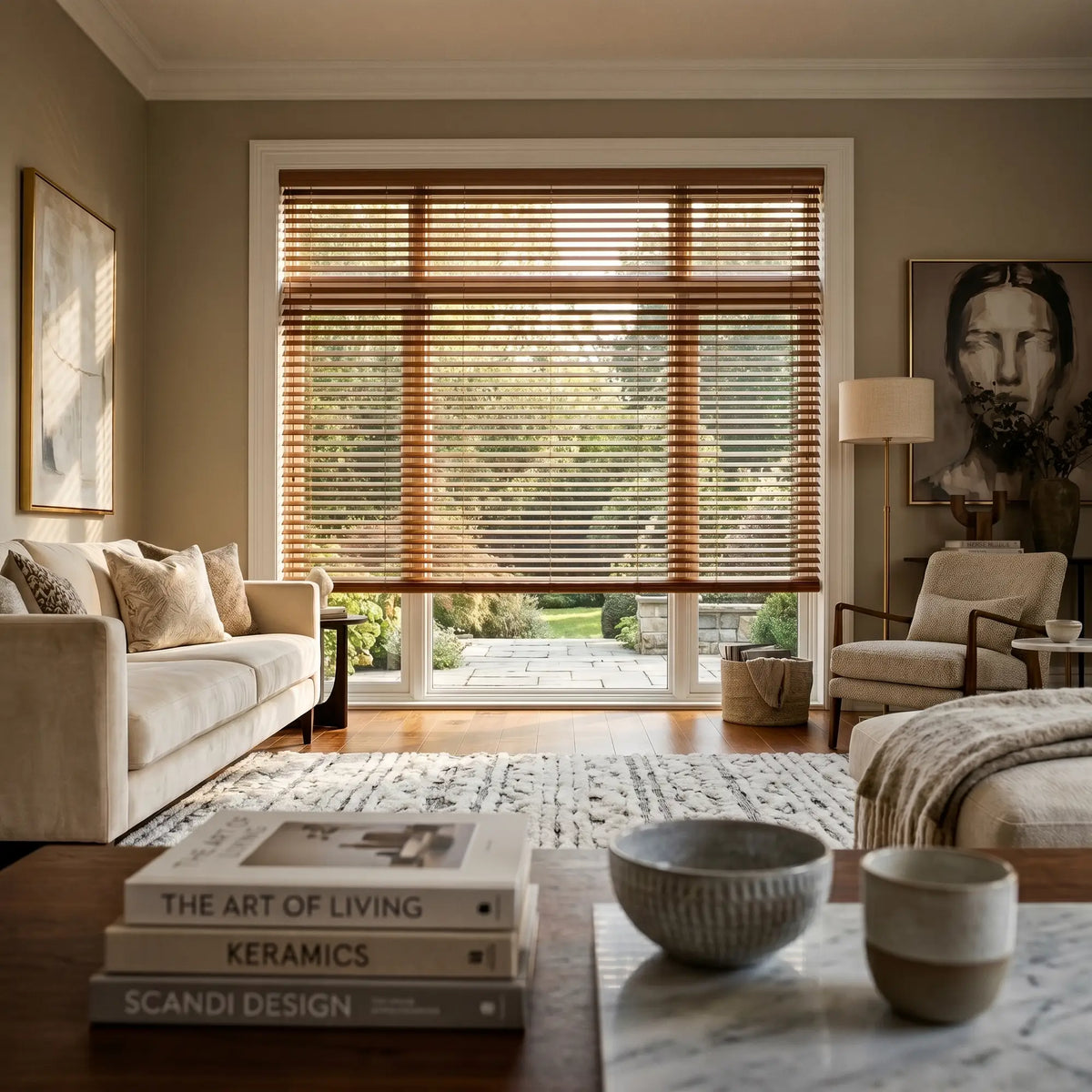 Hardwood Cordless Horizontal Blinds expertly filter sunlight in this inviting living room, where beige sofas and white armchairs converge under soft, gentle illumination.