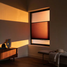 Load image into Gallery viewer, Custom window treatments: Warm Brown (Bordeaux) 7 16 Inch Double Cell Light Filtering Shades shown in a cozy living space, delivering elegant light diffusion and daytime privacy.
