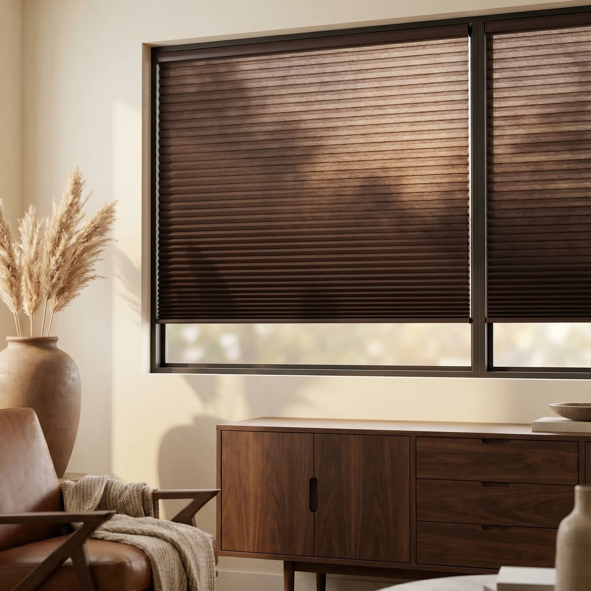 This warm living space is enhanced by Warm Brown (Dark Chocolate) 7 16 Inch Double Cell Light Filtering Shades, filtering out harsh glare to create an inviting atmosphere.