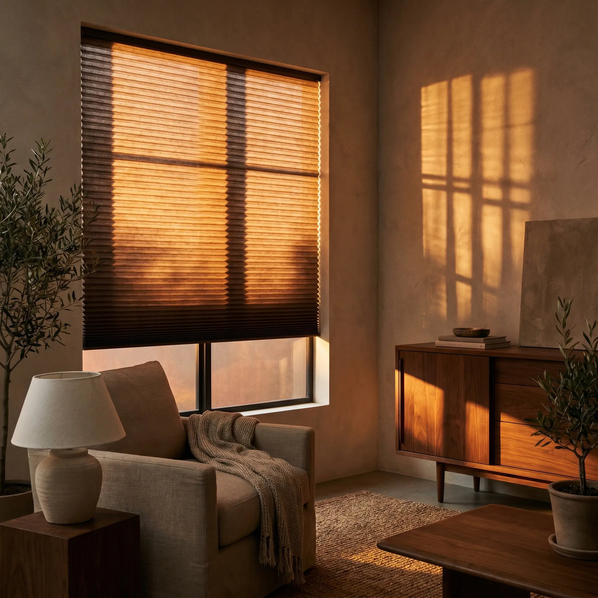 This cozy living room is enhanced by Warm Brown (Espresso) 3 8 Inch Budget Single Cell Light Filtering Cordless Shades, beautifully diffusing natural sunlight.
