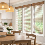 Soft Warm Brown Hardwood Cordless Horizontal Blinds subtly frame the dining area's white walls and wooden flooring, inviting a sense of warmth and comfort.