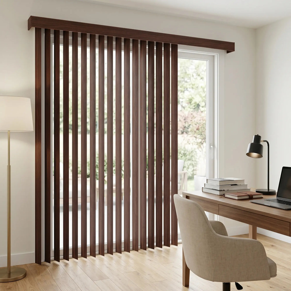 Wood Grain Faux Wood PVC Vertical Blinds in warm brown harmonize with the rustic wooden desk and bookshelves, perfectly filtering natural light for a productive workspace