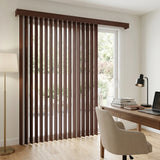 Wood Grain Faux Wood PVC Vertical Blinds in warm brown harmonize with the rustic wooden desk and bookshelves, perfectly filtering natural light for a productive workspace