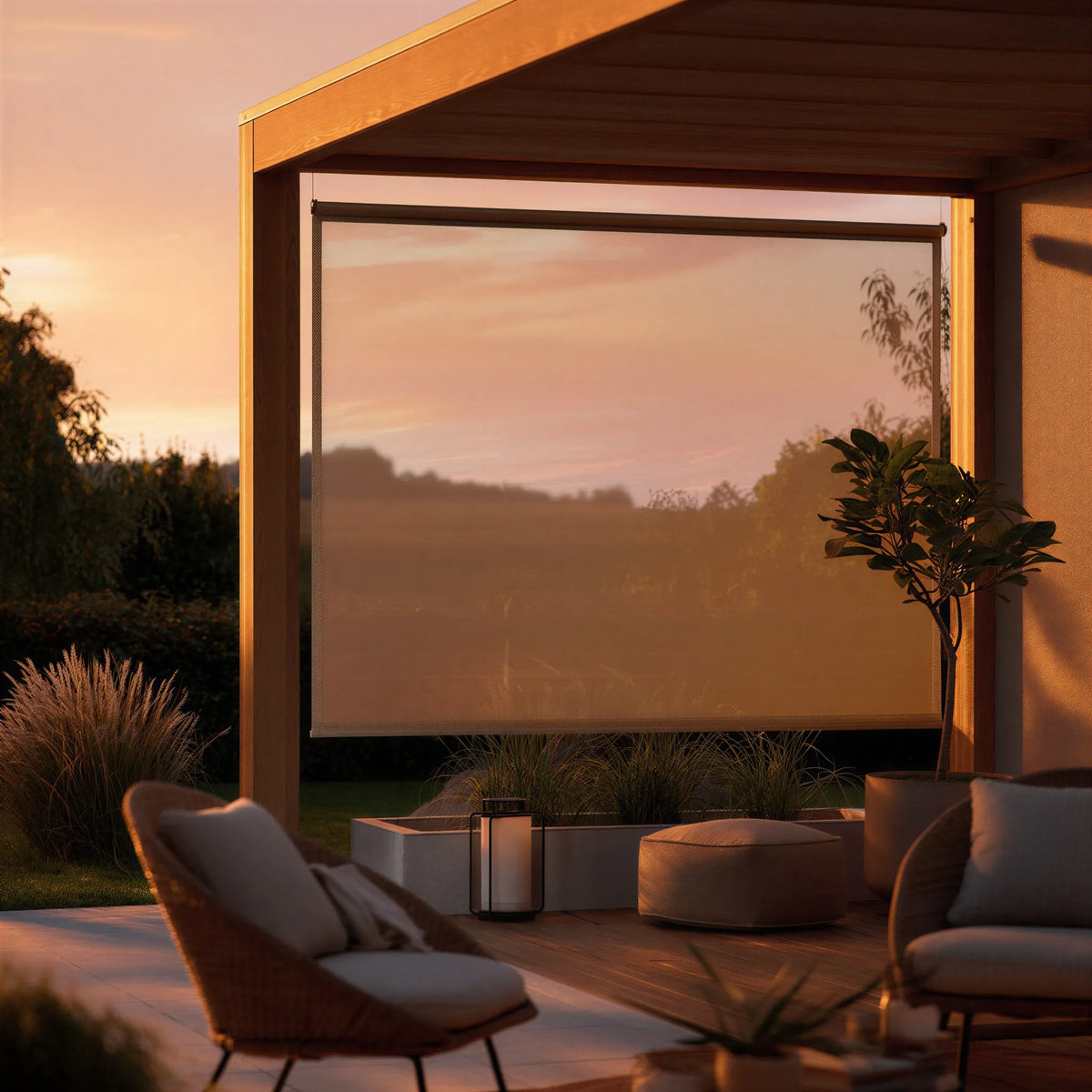 Premier 5% Solar Screen Roller Shade in Warm Brown adds ambiance and UV protection to this inviting patio area, perfect for relaxation
