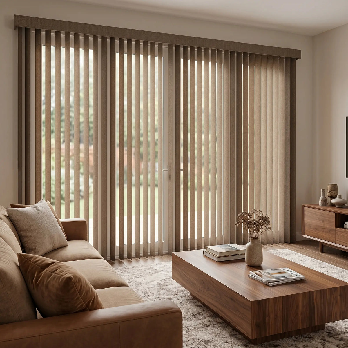 Signature Collection Fabric Vertical Blinds in rich Warm Brown perfectly complement the rustic patio view and sophisticated brown leather sofa arrangement.