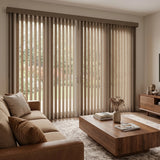 Signature Collection Fabric Vertical Blinds in rich Warm Brown perfectly complement the rustic patio view and sophisticated brown leather sofa arrangement.