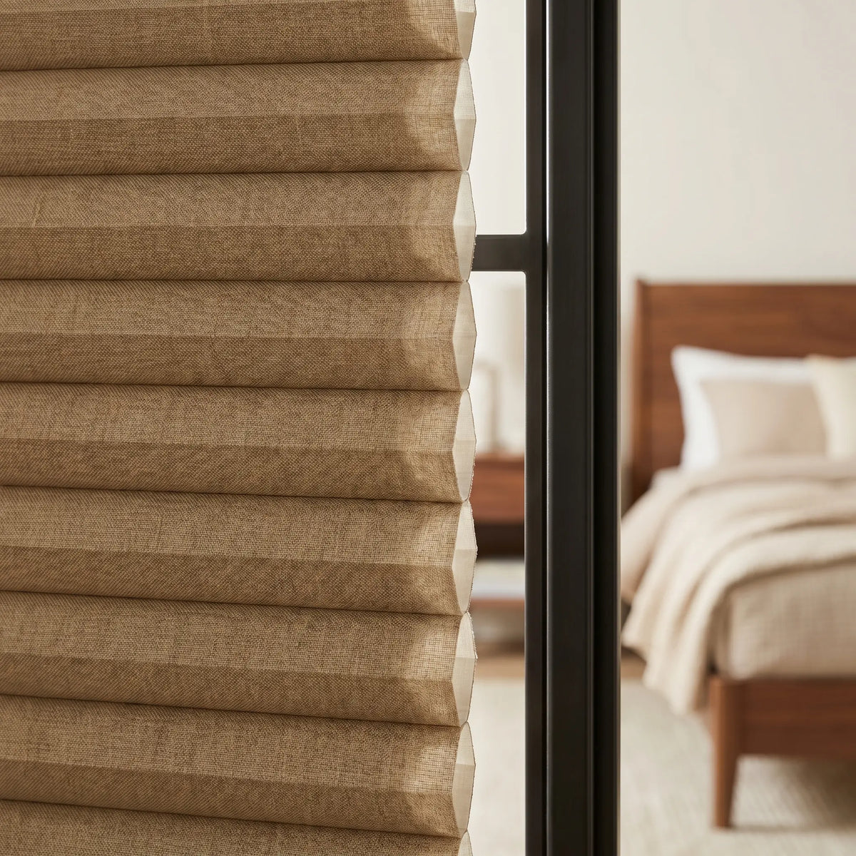 Styling a modern bedroom with Warm Brown 1 2 Inch Budget Single Cell Blackout Cordless Shades, providing complete light blockage and privacy.