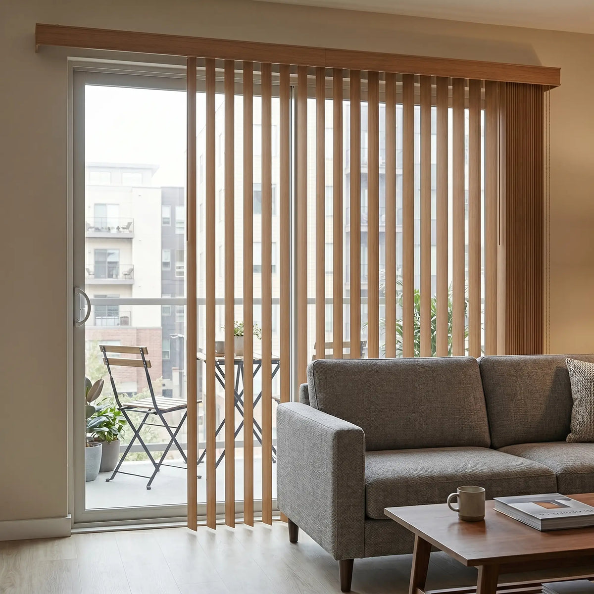 Wood Grain Faux Wood PVC Vertical Blinds beautifully frame the sliding glass door, blending with the earthy tones of the outdoor patio's grassy terrain.