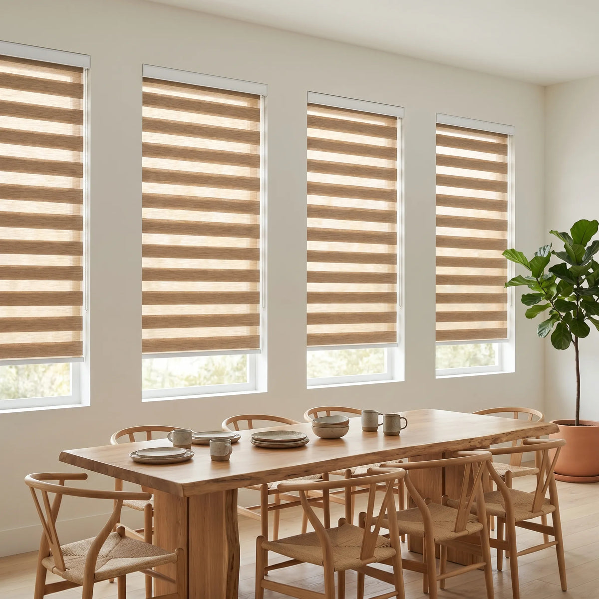 Zebra Light Filtering Roller Shades add warm, earthy tones to modern dining rooms like this one, allowing natural light while maintaining ambiance with its soft, brown hue.