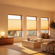 Load image into Gallery viewer, Styling a inviting living space with Warm 9 16 Classic Single Cell Light Filtering Cordless Top Downbottom Up Cordless Shades, bathing the space in soft light with dynamic window coverage.
