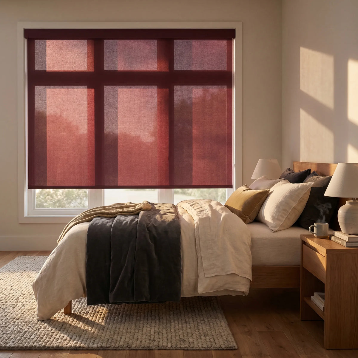Contemporary Fabric Light Filtering Roller Shades in Warm Red add a pop of color and ambiance to this inviting bedroom, while softly filtering natural light.