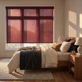 Contemporary Fabric Light Filtering Roller Shades in Warm Red add a pop of color and ambiance to this inviting bedroom, while softly filtering natural light.
