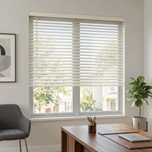 Load image into Gallery viewer, This serene living is equipped with White Alabaster Classic Cordless 8g Aluminum Mini Blinds, ensuring a clean, cordless aesthetic and enhanced child safety.
