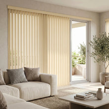 Load image into Gallery viewer, A serene living room featuring White (Buttermilk) Classic Curved Pvc Smooth Vertical Blinds, offering excellent light control and privacy for large spaces.
