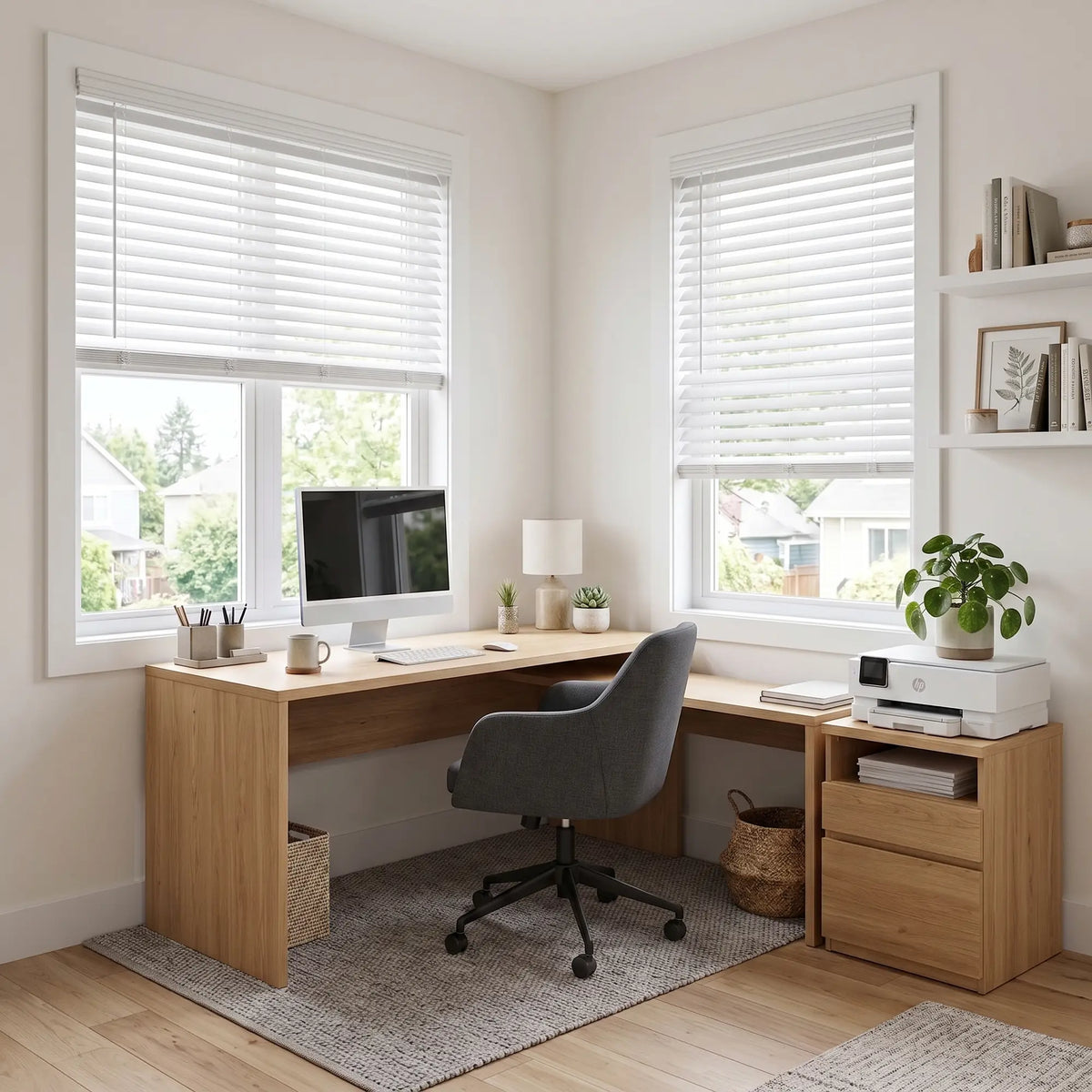 A modern home office setup featuring a light wood L-shaped desk with a gray swivel chair, styled with a computer, lamp, printer, and plants, set against white walls with two windows fitted with white roller blinds.