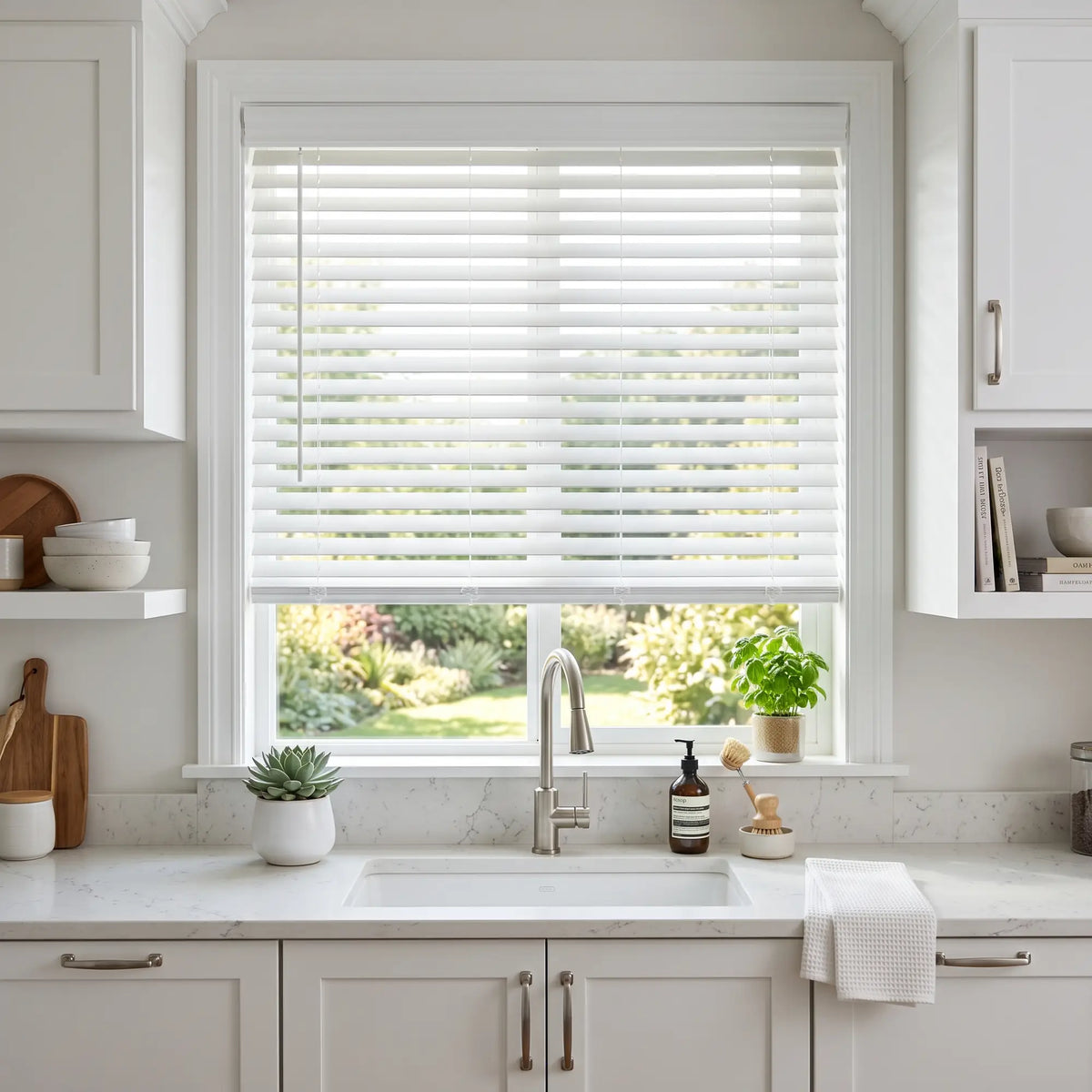 White roller blind with horizontal slats partially drawn over a kitchen window, showing a garden view outside. The kitchen features white cabinets, a marble countertop, and a stainless steel sink faucet.